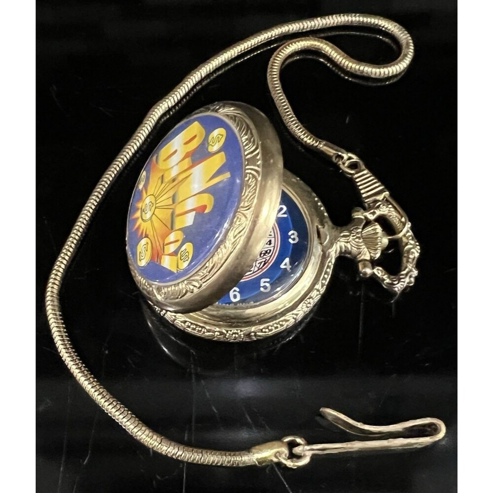 Vintage Bingo Pocket Watch Milan Quartz Gold Tone with Chain Japan Movt Works!